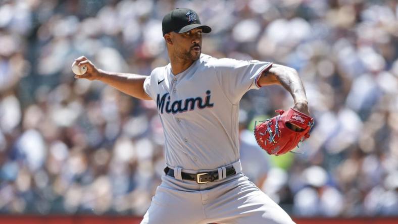 Jun 10, 2023; Chicago, Illinois, USA; Miami Marlins starting pitcher Sandy Alcantara (22) delivers a pitch against the Chicago White Sox during the first inning at Guaranteed Rate Field. Mandatory Credit: Kamil Krzaczynski-USA TODAY Sports