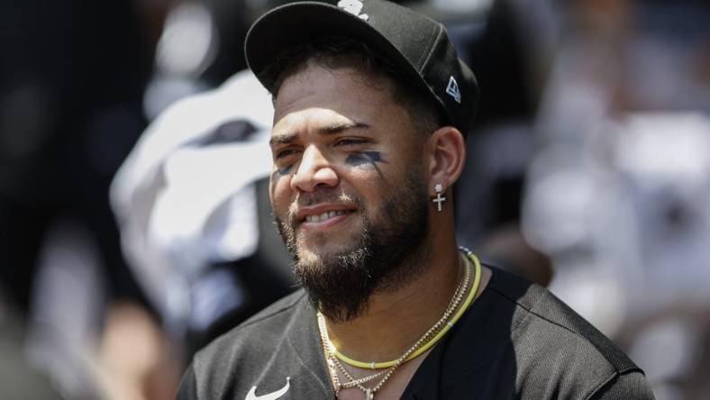 Jun 10, 2023; Chicago, Illinois, USA; Chicago White Sox third baseman Yoan Moncada (10) looks on from dugout before a game against the Miami Marlins at Guaranteed Rate Field. Mandatory Credit: Kamil Krzaczynski-USA TODAY Sports