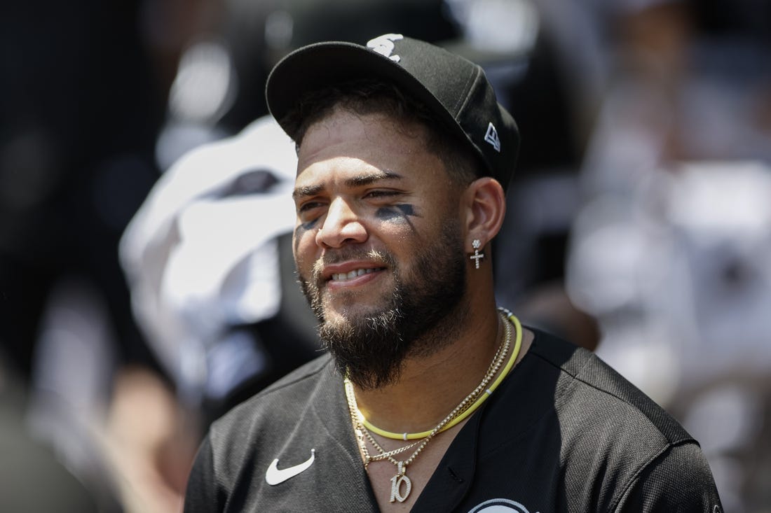 Jun 10, 2023; Chicago, Illinois, USA; Chicago White Sox third baseman Yoan Moncada (10) looks on from dugout before a game against the Miami Marlins at Guaranteed Rate Field. Mandatory Credit: Kamil Krzaczynski-USA TODAY Sports