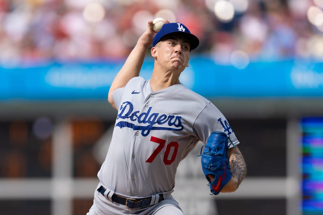 Jun 10, 2023; Philadelphia, Pennsylvania, USA; Los Angeles Dodgers starting pitcher Bobby Miller (70) throws a pitch during the second inning against the Philadelphia Phillies at Citizens Bank Park. Mandatory Credit: Bill Streicher-USA TODAY Sports