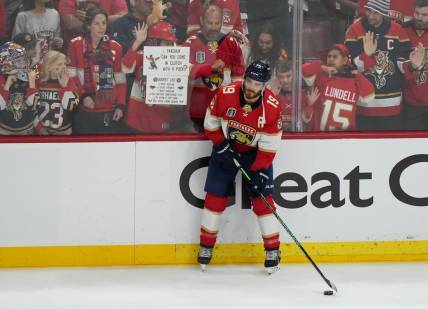 June 10, 2023; Sunrise, FL, USA; Florida Panthers left wing Matthew Tkachuk (19) warms up before playing against the Vegas Golden Knights in game four of the 2023 Stanley Cup Final at FLA Live Arena. Mandatory Credit: Jasen Vinlove-USA TODAY Sports