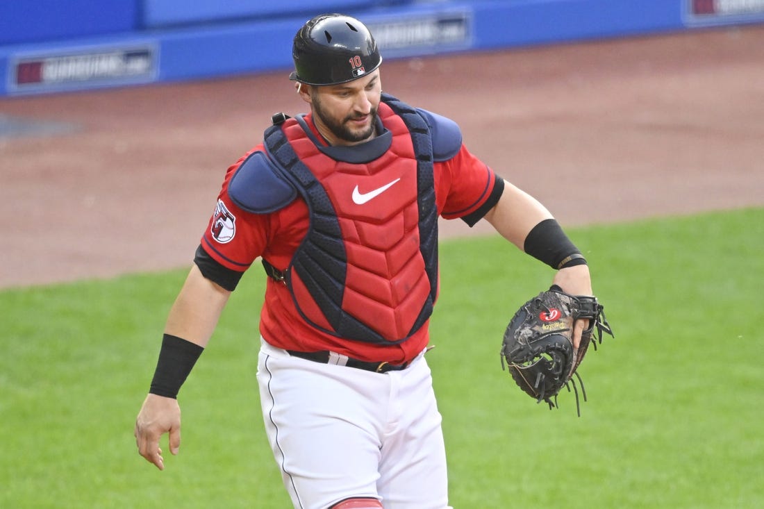 Jun 10, 2023; Cleveland, Ohio, USA; Cleveland Guardians catcher Mike Zunino (10) reacts after a passed ball in the sixth inning against the Houston Astros at Progressive Field. Mandatory Credit: David Richard-USA TODAY Sports