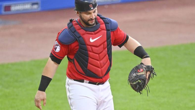 Jun 10, 2023; Cleveland, Ohio, USA; Cleveland Guardians catcher Mike Zunino (10) reacts after a passed ball in the sixth inning against the Houston Astros at Progressive Field. Mandatory Credit: David Richard-USA TODAY Sports