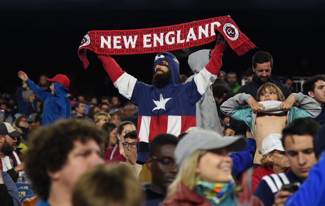 Jun 10, 2023; Foxborough, Massachusetts, USA;  Fans of the New England Revolution react against the Inter Miami at Gillette Stadium. Mandatory Credit: Bob DeChiara-USA TODAY Sports