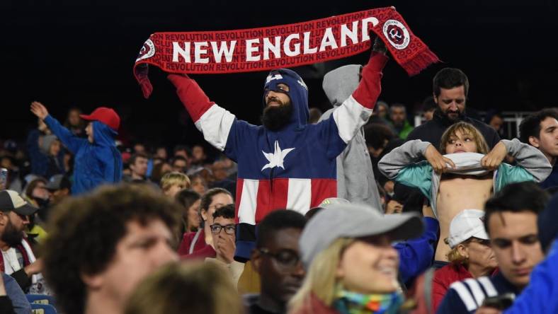 Jun 10, 2023; Foxborough, Massachusetts, USA;  Fans of the New England Revolution react against the Inter Miami at Gillette Stadium. Mandatory Credit: Bob DeChiara-USA TODAY Sports