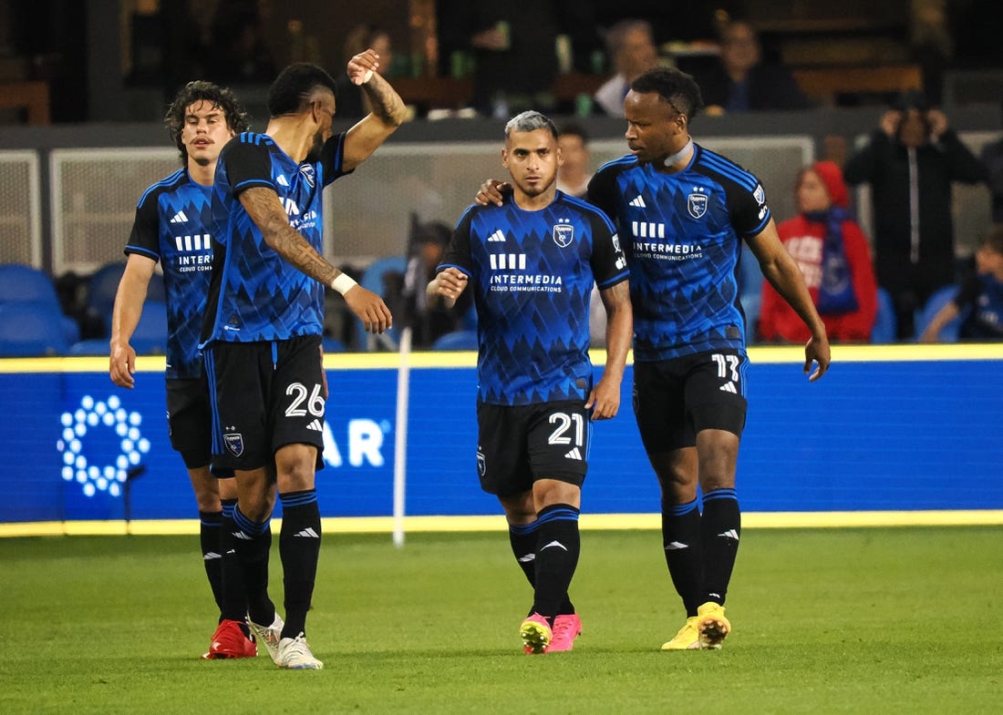 Jun 10, 2023; San Jose, California, USA; San Jose Earthquakes defender Miguel Trauco (21) celebrates with forward Jeremy Ebobisse (11) after a goal against the Philadelphia Union during the second half at PayPal Park. Mandatory Credit: Kelley L Cox-USA TODAY Sports