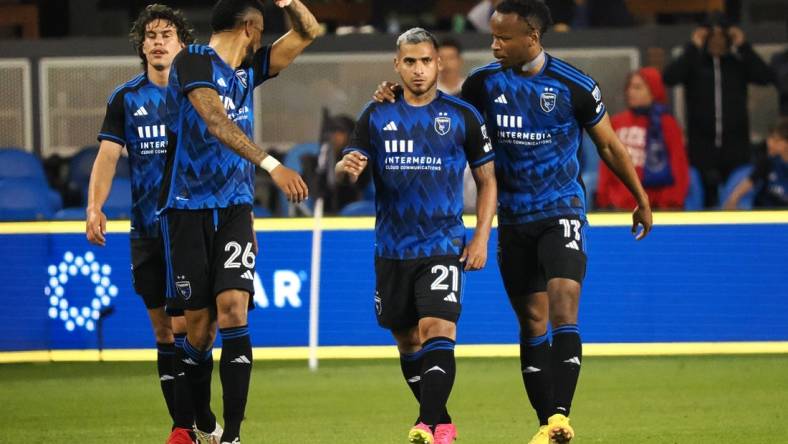 Jun 10, 2023; San Jose, California, USA; San Jose Earthquakes defender Miguel Trauco (21) celebrates with forward Jeremy Ebobisse (11) after a goal against the Philadelphia Union during the second half at PayPal Park. Mandatory Credit: Kelley L Cox-USA TODAY Sports