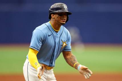 Jun 11, 2023; St. Petersburg, Florida, USA;  Tampa Bay Rays shortstop Wander Franco (5) celebrates after hitting a three run home run against the Texas Rangers in the fourth inning at Tropicana Field. Mandatory Credit: Nathan Ray Seebeck-USA TODAY Sports