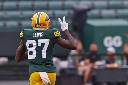 Jun 11, 2023; Edmonton, Alberta, CAN; Edmonton Elks wide receiver Eugene Lewis (87) celebrates a touchdown against the Saskatchewan Roughriders during the first half at Commonwealth Stadium. Mandatory Credit: Perry Nelson-USA TODAY Sports