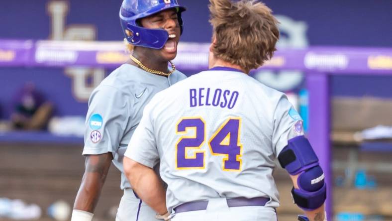 Cade Beloso 24 hits a three run homer as The LSU Tigers take on the Kentucky Wildcats in game 2 of the 2023 NCAA Div 1 Super Regional Baseball Championship at Alex Box Stadium in Baton Rouge, LA.  Sunday, June 11, 2023.