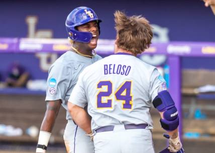 Cade Beloso 24 hits a three run homer as The LSU Tigers take on the Kentucky Wildcats in game 2 of the 2023 NCAA Div 1 Super Regional Baseball Championship at Alex Box Stadium in Baton Rouge, LA.  Sunday, June 11, 2023.