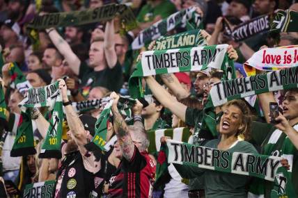 Jun 11, 2023; Portland, Oregon, USA; Portland Timbers fans sing during the second half in a game against FC Dallas at Providence Park. Mandatory Credit: Troy Wayrynen-USA TODAY Sports
