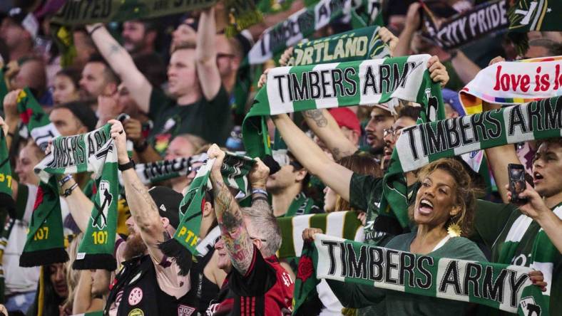 Jun 11, 2023; Portland, Oregon, USA; Portland Timbers fans sing during the second half in a game against FC Dallas at Providence Park. Mandatory Credit: Troy Wayrynen-USA TODAY Sports