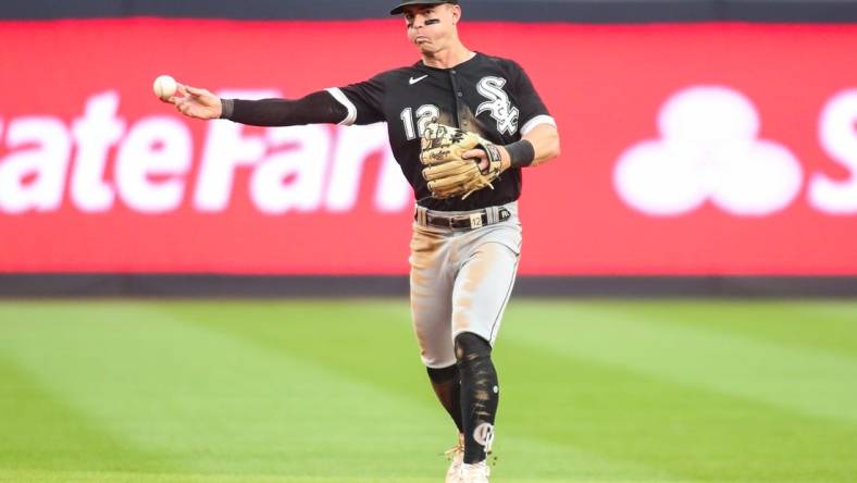 Jun 8, 2023; Bronx, New York, USA;  Chicago White Sox second baseman Romy Gonzalez (12) at Yankee Stadium. Mandatory Credit: Wendell Cruz-USA TODAY Sports