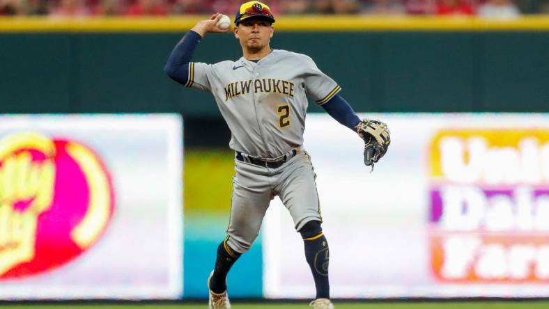 Jun 5, 2023; Cincinnati, Ohio, USA; Milwaukee Brewers third baseman Luis Urias (2) throws to first in the sixth inning at Great American Ball Park. Mandatory Credit: Katie Stratman-USA TODAY Sports