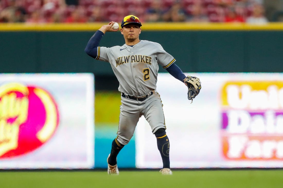 Jun 5, 2023; Cincinnati, Ohio, USA; Milwaukee Brewers third baseman Luis Urias (2) throws to first in the sixth inning at Great American Ball Park. Mandatory Credit: Katie Stratman-USA TODAY Sports