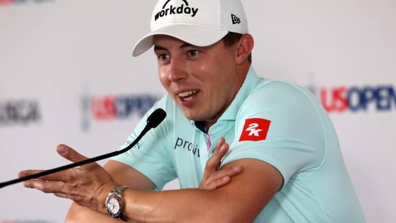 Jun 12, 2023; Los Angeles, California, USA; Matt Fitzpatrick speaks to the media during a press conference during a practice round of the U.S. Open golf tournament. Mandatory Credit: Kiyoshi Mio-USA TODAY Sports