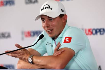 Jun 12, 2023; Los Angeles, California, USA; Matt Fitzpatrick speaks to the media during a press conference during a practice round of the U.S. Open golf tournament. Mandatory Credit: Kiyoshi Mio-USA TODAY Sports