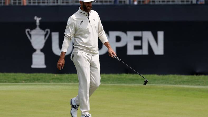 Jun 12, 2023; Los Angeles, California, USA; Dustin Johnson walks on the 10th hole green during a practice round of the U.S. Open golf tournament. Mandatory Credit: Kiyoshi Mio-USA TODAY Sports