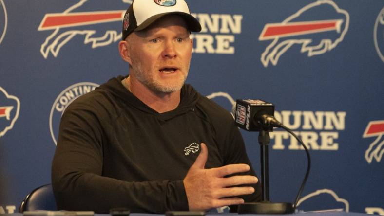 Jun 13, 2023; Buffalo, NY, USA; Buffalo Bills head coach Sean McDermott speaks at a press conference during Buffalo Bills Minicamp. Mandatory Credit: Gregory Fisher-USA TODAY Sports