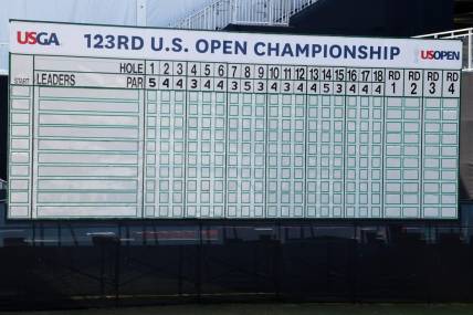 Jun 13, 2023; Los Angeles, California, USA; A detailed view of a leader board during a practice round of the U.S. Open golf tournament at Los Angeles Country Club. Mandatory Credit: Kiyoshi Mio-USA TODAY Sports