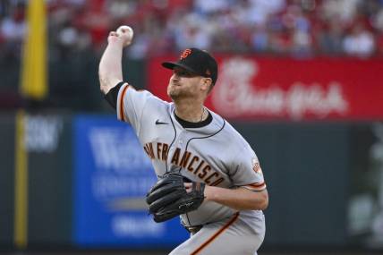 Jun 13, 2023; St. Louis, Missouri, USA;  San Francisco Giants starting pitcher Alex Cobb (38) pitches against the St. Louis Cardinals during the second inning at Busch Stadium. Mandatory Credit: Jeff Curry-USA TODAY Sports