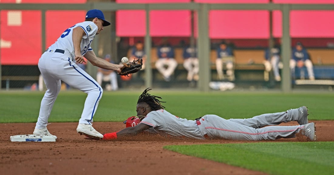 Matt Duffy of the Kansas City Royals runs to first after hitting an in  2023