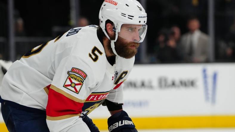 Jun 13, 2023; Las Vegas, Nevada, USA; Florida Panthers defenseman Aaron Ekblad (5) skates against the Vegas Golden Knights during the second period in game five of the 2023 Stanley Cup Final at T-Mobile Arena. Mandatory Credit: Stephen R. Sylvanie-USA TODAY Sports