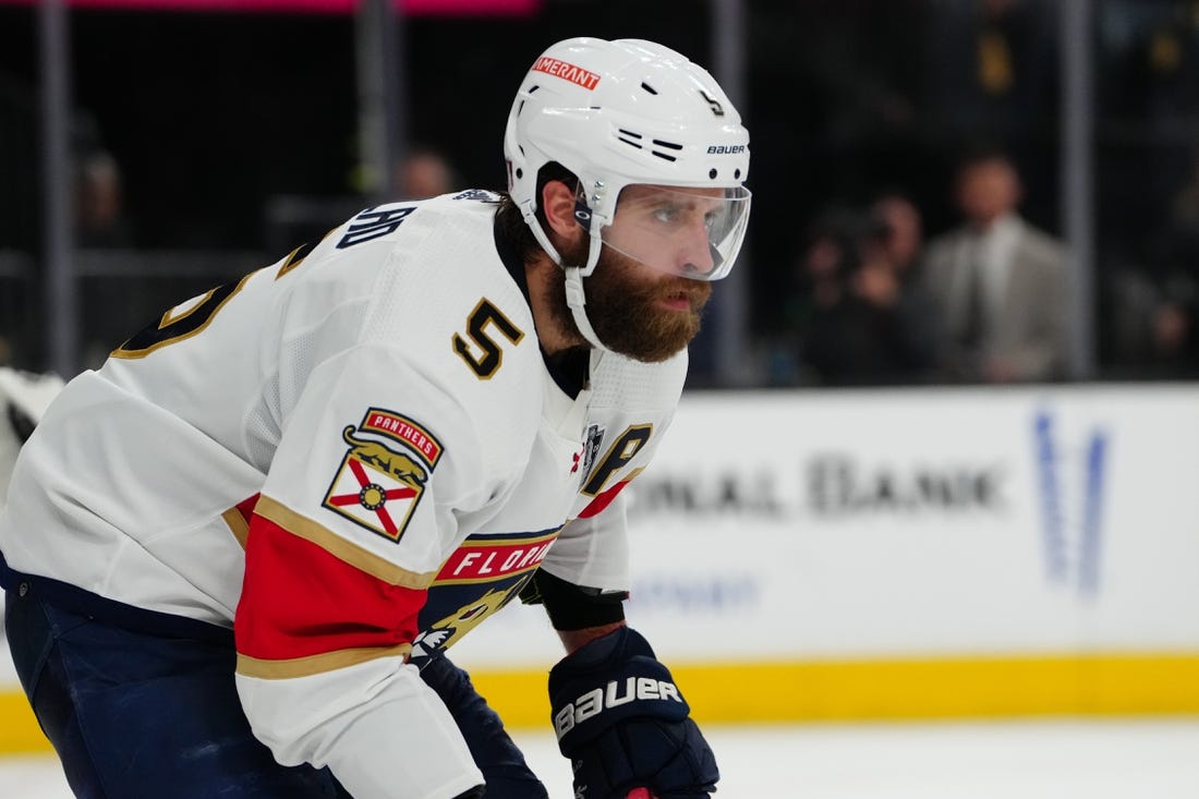 Jun 13, 2023; Las Vegas, Nevada, USA; Florida Panthers defenseman Aaron Ekblad (5) skates against the Vegas Golden Knights during the second period in game five of the 2023 Stanley Cup Final at T-Mobile Arena. Mandatory Credit: Stephen R. Sylvanie-USA TODAY Sports