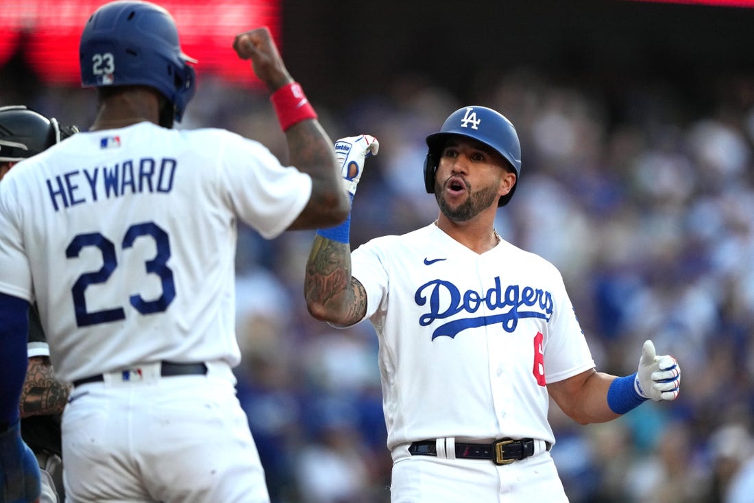 Los Angeles Dodgers' David Peralta plays during the seventh inning