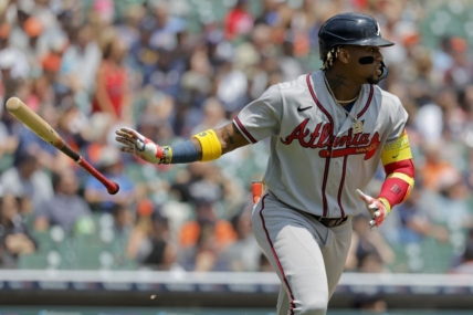 Jun 14, 2023; Detroit, Michigan, USA;  Atlanta Braves right fielder Ronald Acuna Jr. (13) hits a two run home run in the third inning against the Detroit Tigers at Comerica Park. Mandatory Credit: Rick Osentoski-USA TODAY Sports