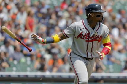 Jun 14, 2023; Detroit, Michigan, USA;  Atlanta Braves right fielder Ronald Acuna Jr. (13) hits a two run home run in the third inning against the Detroit Tigers at Comerica Park. Mandatory Credit: Rick Osentoski-USA TODAY Sports