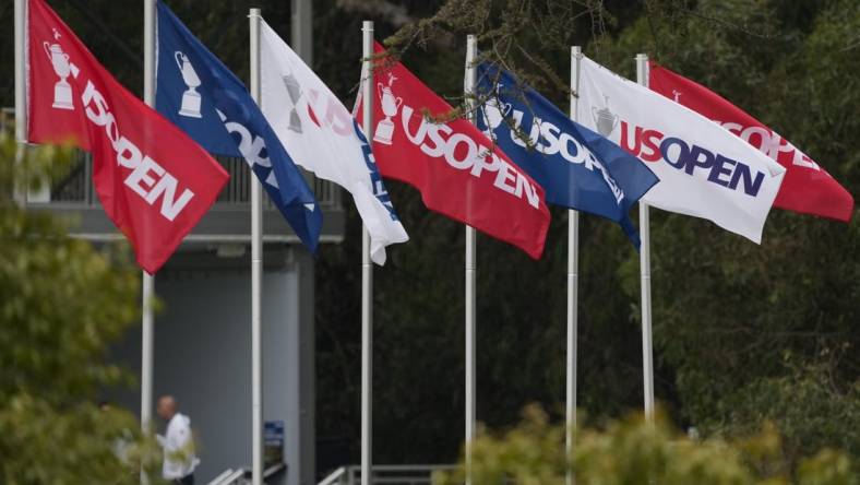 Jun 14, 2023; Los Angeles, California, USA; Flags fly inn a light breeze during a practice round of the U.S. Open golf tournament at Los Angeles Country Club. Mandatory Credit: Michael Madrid-USA TODAY Sports