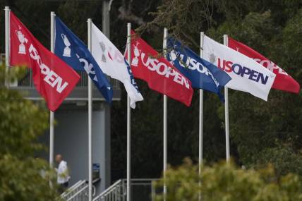 Jun 14, 2023; Los Angeles, California, USA; Flags fly inn a light breeze during a practice round of the U.S. Open golf tournament at Los Angeles Country Club. Mandatory Credit: Michael Madrid-USA TODAY Sports