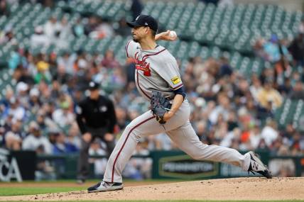Jun 12, 2023; Detroit, Michigan, USA;  Atlanta Braves starting pitcher Charlie Morton (50) pitches in the first inning against the Detroit Tigers at Comerica Park. Mandatory Credit: Rick Osentoski-USA TODAY Sports