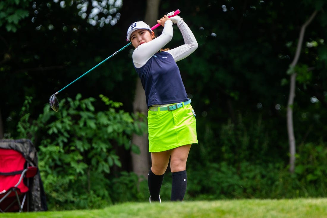 Ayaka Furue hits the ball from the fourth hole tee box during the first round of the Meijer LPGA Classic Thursday, June 15, 2023, at Blythefield Country Club in Belmont, MI.