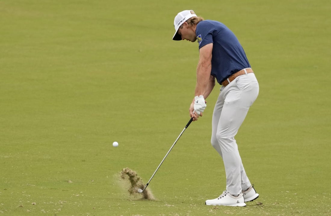 Jun 15, 2023; Los Angeles, California, USA; Sam Burns plays a shot on the 10th hole during the first round of the U.S. Open golf tournament at Los Angeles Country Club. Mandatory Credit: Michael Madrid-USA TODAY Sports