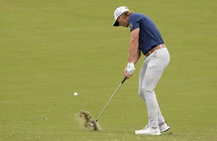 Jun 15, 2023; Los Angeles, California, USA; Sam Burns plays a shot on the 10th hole during the first round of the U.S. Open golf tournament at Los Angeles Country Club. Mandatory Credit: Michael Madrid-USA TODAY Sports