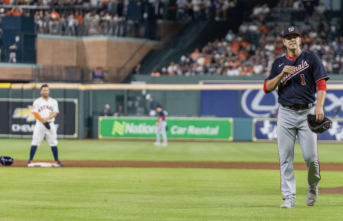 Houston Astros relief pitcher Phil Maton (88) reacts after walking  Washington Nationals' Corey Dickerson with the bases loaded during the 10th  inning of a baseball game Thursday, June 15, 2023, in Houston. (