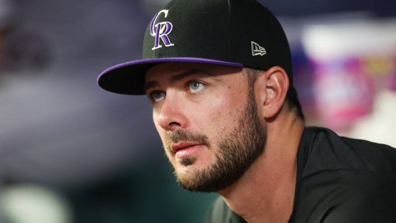 Jun 15, 2023; Atlanta, Georgia, USA; Colorado Rockies outfielder Kris Bryant (23) in the dugout against the Atlanta Braves in the eighth inning at Truist Park. Mandatory Credit: Brett Davis-USA TODAY Sports