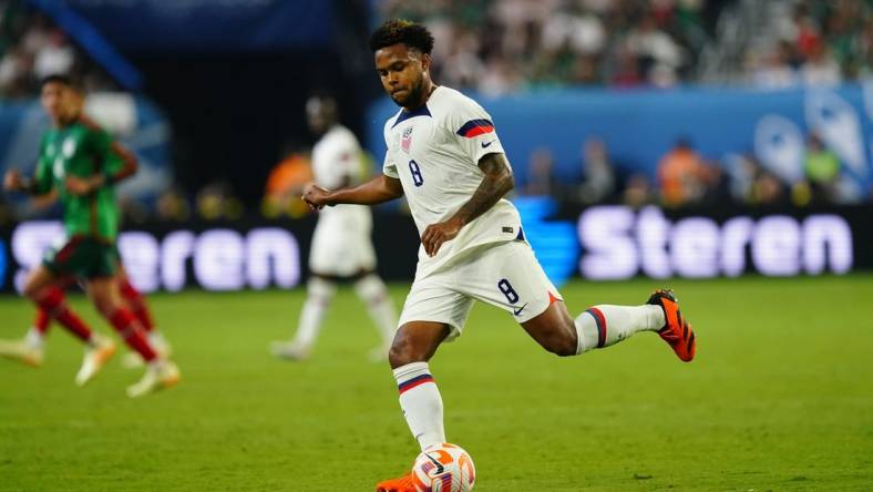 Jun 15, 2023; Las Vegas, Nevada, USA; USA midfielder Weston McKennie (8) runs with the ball against Mexico during the first half at Allegiant Stadium. Mandatory Credit: Lucas Peltier-USA TODAY Sports