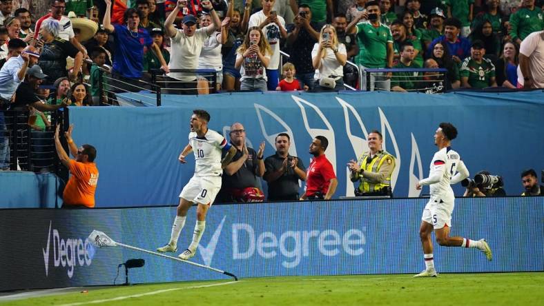 Jun 15, 2023; Las Vegas, Nevada, USA; USA forward Christian Pulisic (10) celebrates after scoring a goal against Mexico during the first half at Allegiant Stadium. Mandatory Credit: Lucas Peltier-USA TODAY Sports