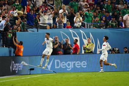 Jun 15, 2023; Las Vegas, Nevada, USA; USA forward Christian Pulisic (10) celebrates after scoring a goal against Mexico during the first half at Allegiant Stadium. Mandatory Credit: Lucas Peltier-USA TODAY Sports