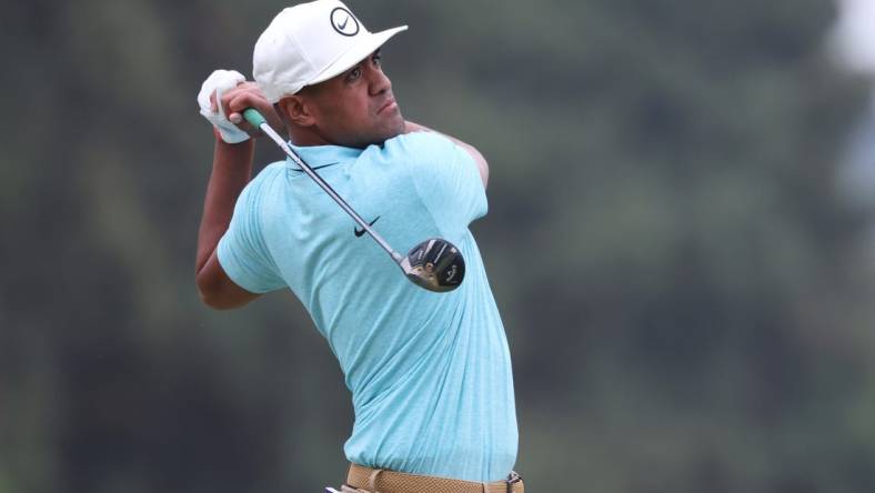 Jun 16, 2023; Los Angeles, California, USA; Tony Finau hits a tee shot on the 8th hole during the second round of the U.S. Open golf tournament at Los Angeles Country Club. Mandatory Credit: Kiyoshi Mio-USA TODAY Sports