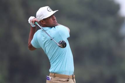 Jun 16, 2023; Los Angeles, California, USA; Tony Finau hits a tee shot on the 8th hole during the second round of the U.S. Open golf tournament at Los Angeles Country Club. Mandatory Credit: Kiyoshi Mio-USA TODAY Sports