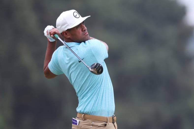Jun 16, 2023; Los Angeles, California, USA; Tony Finau hits a tee shot on the 8th hole during the second round of the U.S. Open golf tournament at Los Angeles Country Club. Mandatory Credit: Kiyoshi Mio-USA TODAY Sports