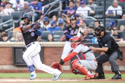 Jun 16, 2023; New York City, New York, USA; New York Mets right fielder Starling Marte (6) hits a single in the first inning against the St. Louis Cardinals at Citi Field. Mandatory Credit: Wendell Cruz-USA TODAY Sports