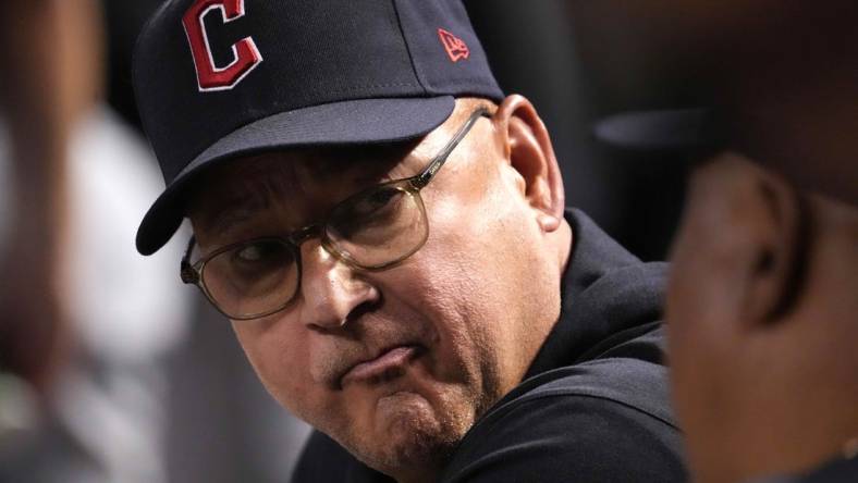 Jun 16, 2023; Phoenix, Arizona, USA; Cleveland Guardians manager Terry Francona (77) looks on against the Arizona Diamondbacks during the fourth inning at Chase Field. Mandatory Credit: Joe Camporeale-USA TODAY Sports