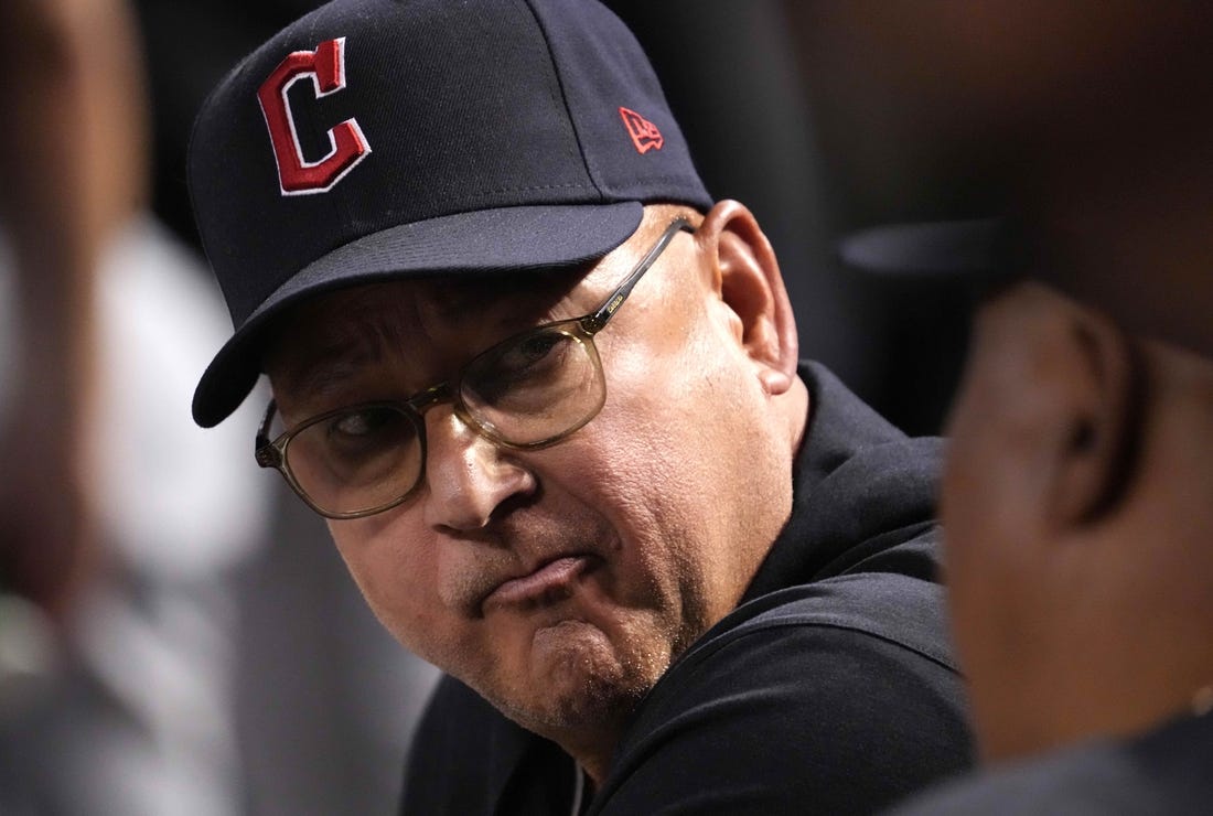 Jun 16, 2023; Phoenix, Arizona, USA; Cleveland Guardians manager Terry Francona (77) looks on against the Arizona Diamondbacks during the fourth inning at Chase Field. Mandatory Credit: Joe Camporeale-USA TODAY Sports