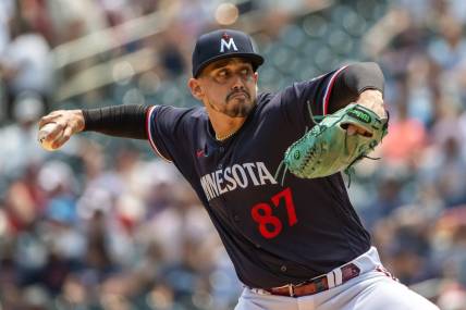 Jun 17, 2023; Minneapolis, Minnesota, USA; Minnesota Twins starting pitcher Jose De Leon (87) delivers against the Detroit Tigers in the first inning at Target Field. Mandatory Credit: Jesse Johnson-USA TODAY Sports